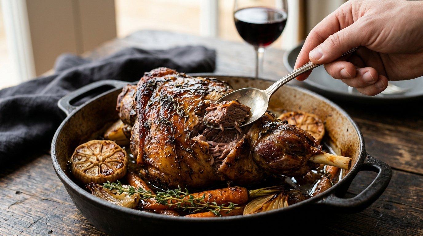 entdecken Sie Alain Ducasses einfaches Rezept für zarte Lammkeule mit Löffel, die im eigenen Heim gelingt und zum Schmelzen zart schmeckt