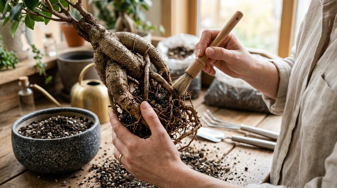 entdecken Sie, wie Sie durch eine simple Umtopf-Technik Ihre Zimmerpflanze in einen wunderschönen Bonsai verwandeln und die versteckte Wurzeln freilegen