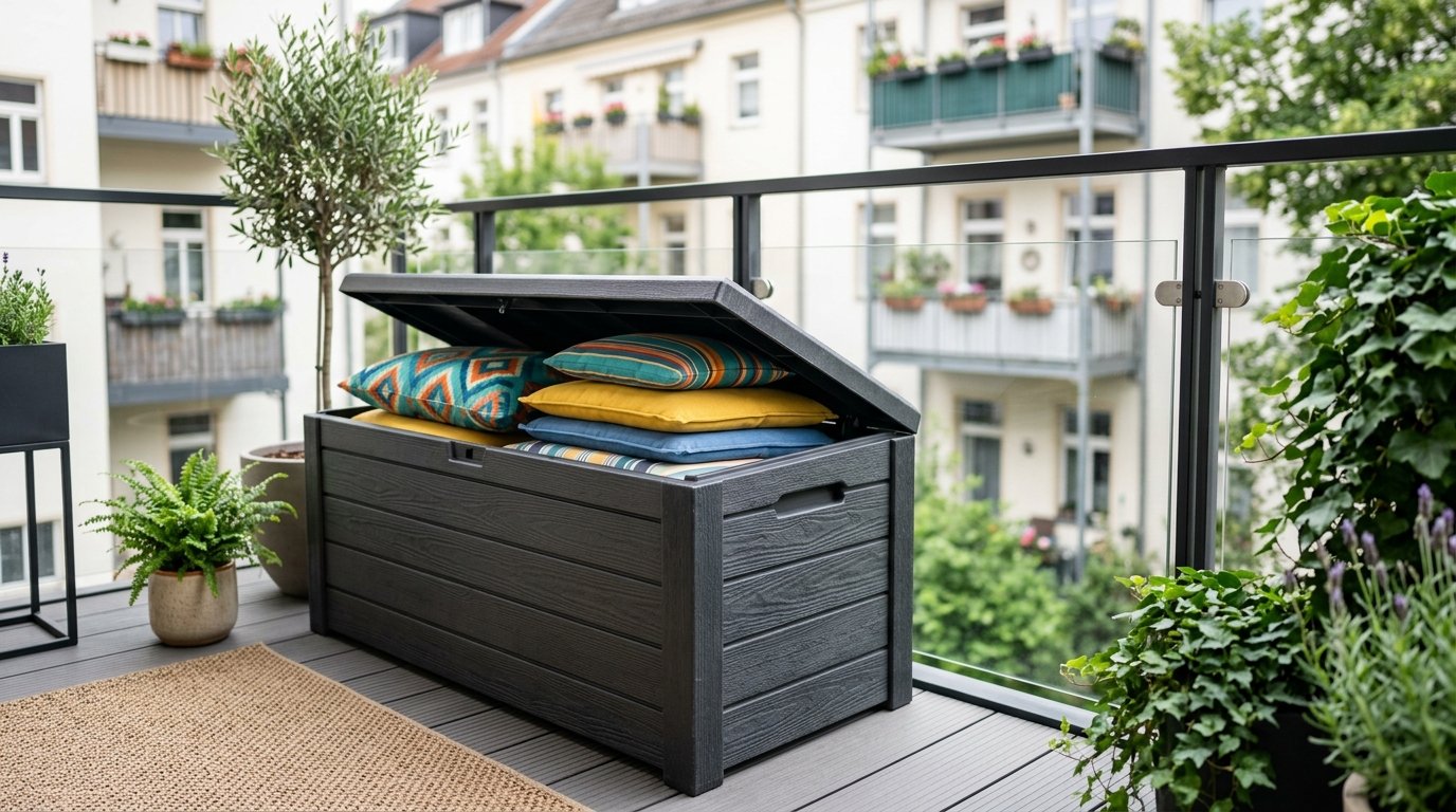 entdecken Sie die innovative 2-in-1 Gartenbank mit 265 Litern Stauraum, die Ihren Balkon revolutioniert und maximale Organisation bietet