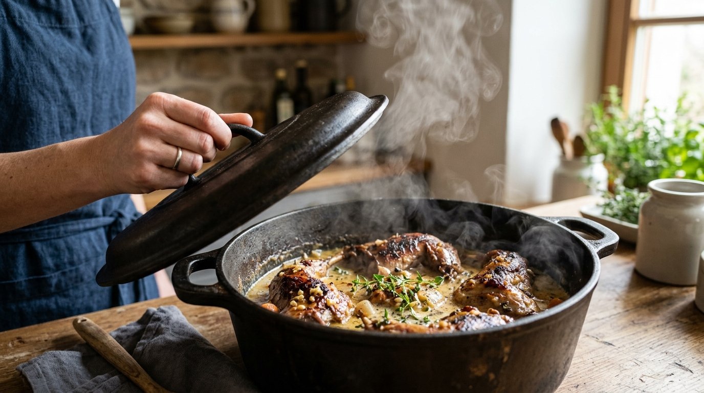 entdecken Sie, wie zartes Kaninchen mit Knoblauch im Schmortopf durch langsames Garen zu einem aromatischen Sonntagsessen wird