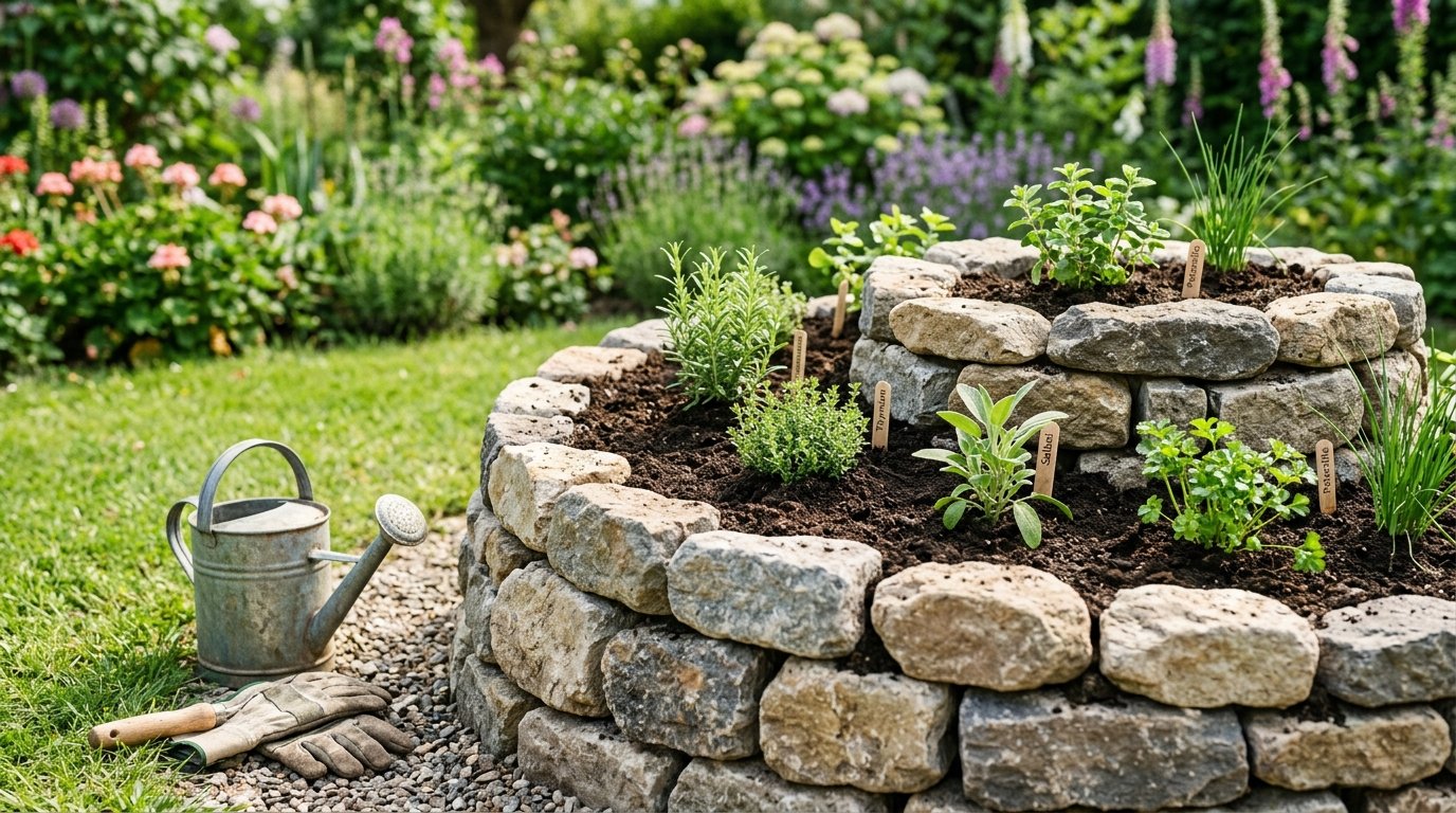 entdecken Sie, wie eine Kräuterspirale in nur einer Stunde Ihrem flachen Garten spektakuläre Höhenstaffelung verleiht – ganz ohne Umgraben und mit einfachen Materialien