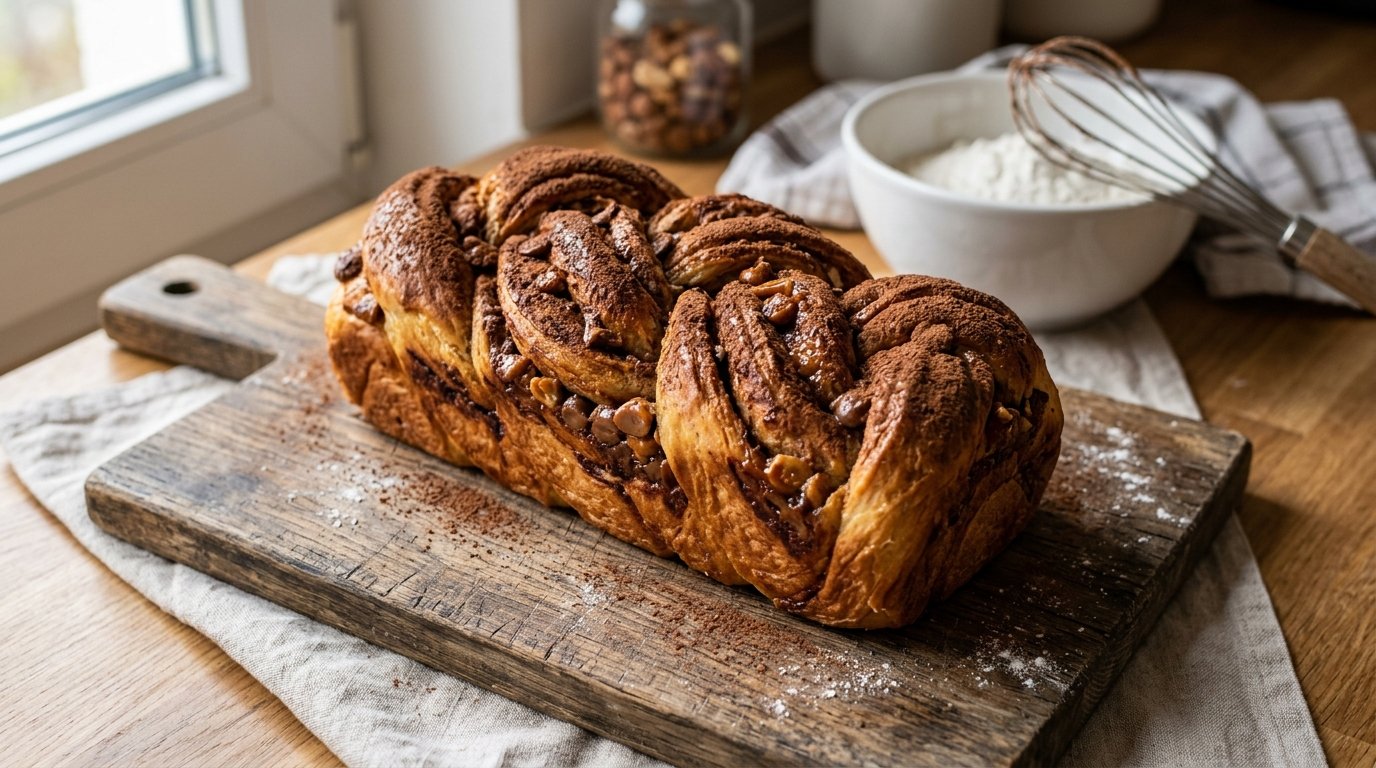 entdecken Sie, wie Sie einen wunderschönen geflochtenen Brioche mit Kakao und Praline-Schokoladensplittern backen - einfach und köstlich für Familie und Gäste