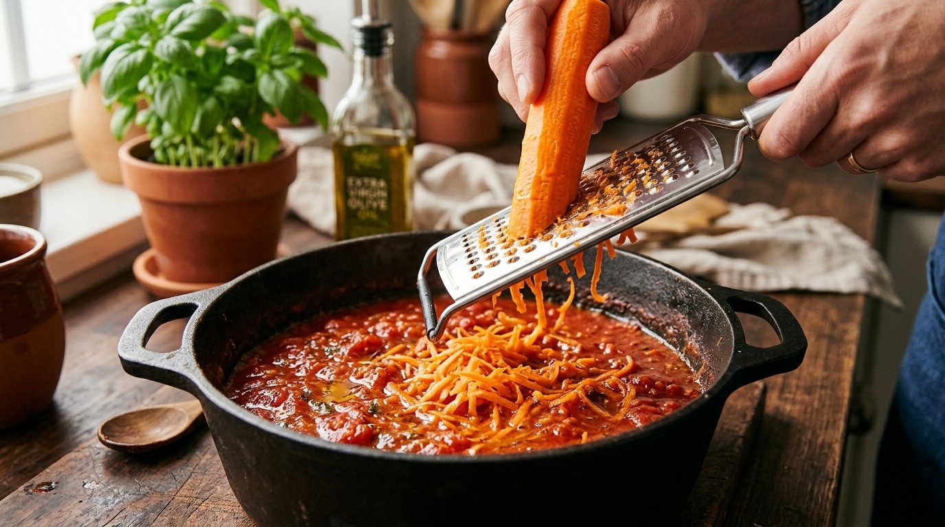 entdecken Sie, wie ein oft vergessenes Gemüse Ihre zu saure Tomatensauce rettet, ohne Zucker hinzufügen zu müssen